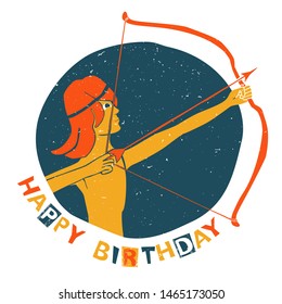 Vector sagittarius zodiac sign original design. Handsome young man shooting archery. Can be used for poster, greeting card, birthday party, invitation. Vector illustration