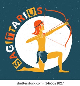 Vector sagittarius zodiac sign original design. Handsome young man shooting archery. Can be used for poster, greeting card, birthday party, invitation. Vector illustration