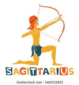 Vector sagittarius zodiac sign original design. Handsome young man shooting archery. Can be used for poster, greeting card, birthday party, invitation. Vector illustration