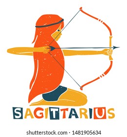 Vector sagittarius zodiac sign original design. Handsome young girl shooting archery. Can be used for poster, greeting card, birthday party, invitation. Vector illustration