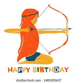 Vector sagittarius zodiac sign original design. Handsome young girl shooting archery. Can be used for poster, greeting card, birthday party, invitation. Vector illustration