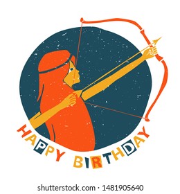 Vector sagittarius zodiac sign original design. Handsome young girl shooting archery. Can be used for poster, greeting card, birthday party, invitation. Vector illustration