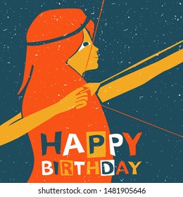 Vector sagittarius zodiac sign original design. Handsome young girl shooting archery. Can be used for poster, greeting card, birthday party, invitation. Vector illustration