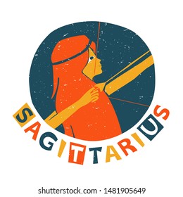 Vector sagittarius zodiac sign original design. Handsome young girl shooting archery. Can be used for poster, greeting card, birthday party, invitation. Vector illustration