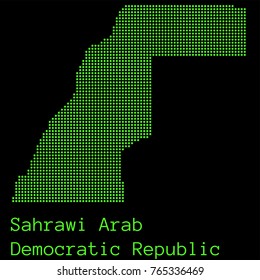 Vector Sahrawi Arab Democratic Republic (SADR) map dotted silhouette with green dots on a black background (as on old ancient computers running DOS)