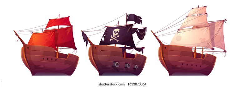 Vector sail boats with white, red and black sails. Pirate ship with black flag, cannons, skull and crossbones on canvas. Cartoon set of old wooden ships, vintage galleons isolated on white background