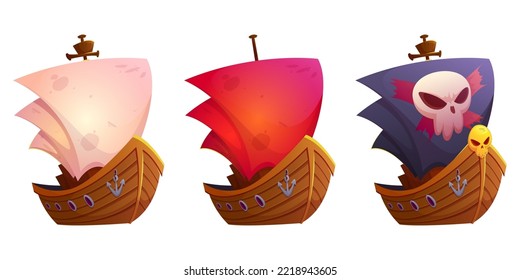 Barcos vectores con velas blancas, rojas y negras. Barco pirata con lienzo negro y cráneo. Juego de dibujos animados de antiguos barcos de madera, galleones vintage aislados sobre fondo blanco