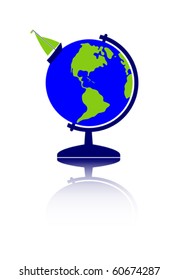 vector sailboat floating around globe with reflection on white background