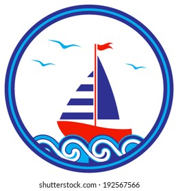 vector sailboat floating on the sea in round isolated on white background