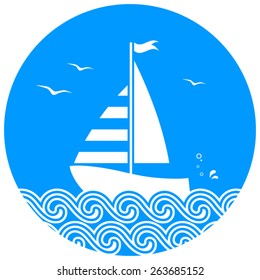 vector sailboat floating on the sea isolated on blue round