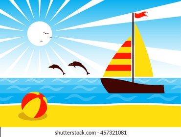 vector sailboat floating on the sea and fishes jumping over the sea