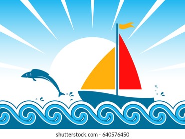 vector sailboat floating on the sea and jumping fish over the waves