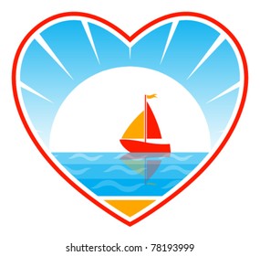 vector sailboat floating on sea in heart on white background