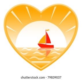 vector sailboat floating on the sea in heart on white background