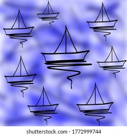Vector sailboat icons set on white and blue background. 