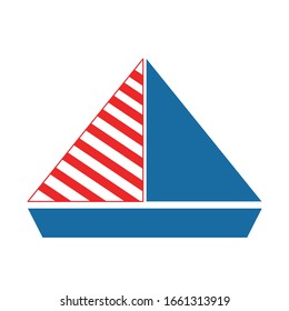Vector sailboat isolated on white background. Cruise boat and ship. Small yacht. Stripes on triangular sails. Classic blue and red. Simple flat illustration. Cartoon style. For kids, logo, icon, web