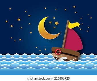  Vector of sailboat at night. paper art style.