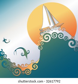 Vector Sailboat on ocean waves. Fish jumping with sun in background. Colors are blue, green, orange, white.