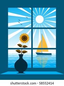 vector sailboat on the sea outside window