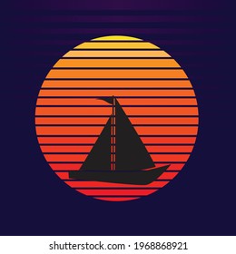 Vektorgrafik von Segelbooten auf Sonnenuntergang. Segelschiff Transport Silhouette Firmenlogo Design