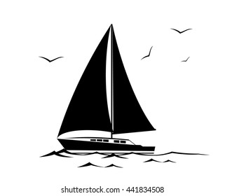 vector sailboat on a white background, floating on the sea