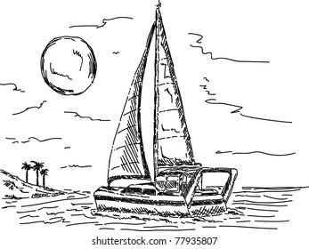 vector - Sailboat in sunset with island