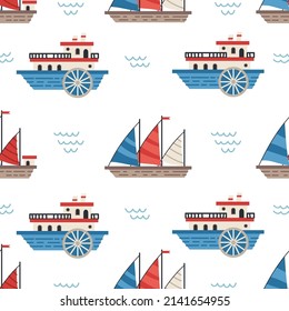 Vector sailboats and ships seamless pattern. Marine vector background. Nautical elements theme. Sea wallpaper. For children designs, textiles, packaging.