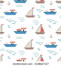 Vector sailboats and ships seamless pattern. Marine vector background. Nautical elements theme. Sea wallpaper. For children designs, textiles, packaging.