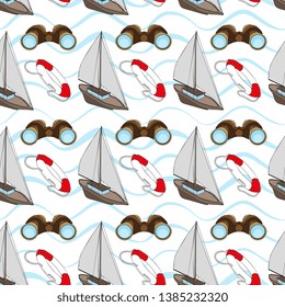 Vector Sailing Boat, Compass. Anchor Seamless Pattern