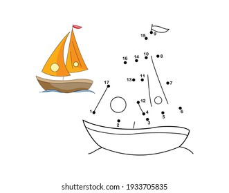 Vector Sailing Boat and connecting dots using numbers  children coloring page worksheet  Cartoon Sailing Boat outline 
