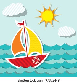 Vector sailing boat sticker floating on paper water. Sea transport. Eps 10