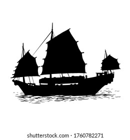 Vector sailing Chinese junk ship the trimmed sails.  Hand drawn sailing eastern boat.