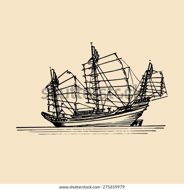 Vector sailing chinese\
junk ship in the sea in ink line style. Hand sketched sailing\
eastern boat.