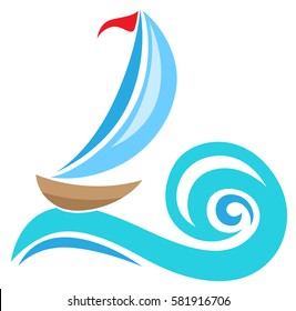 Vector sailing ship and blue wave. Travel concept. 