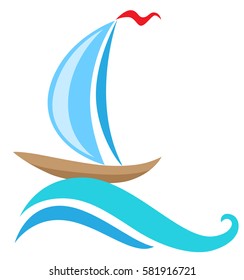 Vector sailing ship and blue wave. Travel concept. 