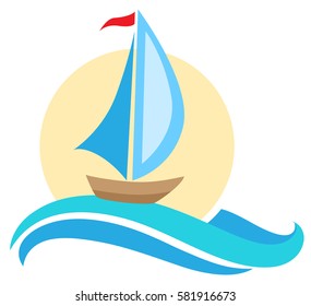 Vector sailing ship icon. Travel concept. Boat and blue wave.
