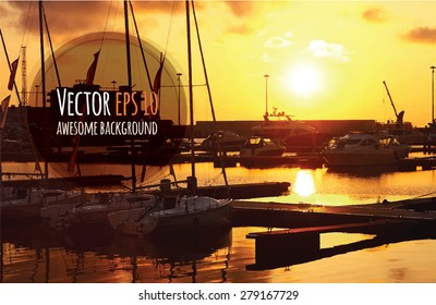 Vector sailing yacht boats on ocean water at sunset.  Can be used for summer background, banners, posters and web page