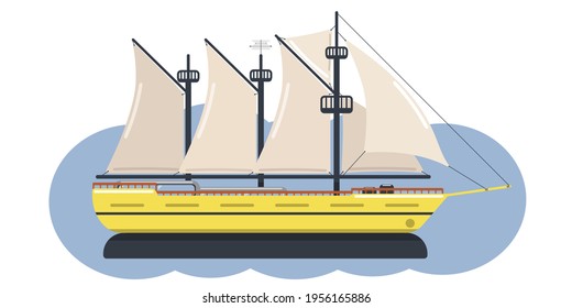 Vector sailing yacht in yellow-blue colors. Illustrative sailboat in retro style for recreation and sailing regatta isolated on white background. Marine theme.