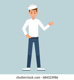 vector sailor character in the form of making welcome hand gesture. vector illustration isolated from background. nautical theme