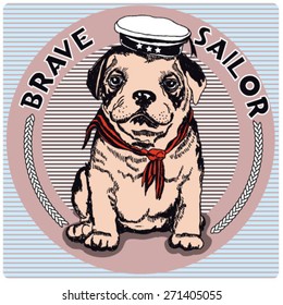 Vector sailor dog Bull Terrier breed in cap and striped vest