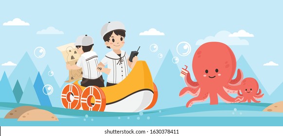 Vector sailor kids hold radio communication and world map and drive a boat on the ocean with giant squid family illustration,cute navy and  octopus on the sea and blue mountain with cloud background.