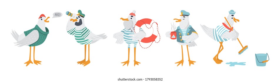 Vector sailor seagulls characters. Funny birds in striped t-shirts with lifebuoy, binoculars, mop and coffee. Isolated objects.