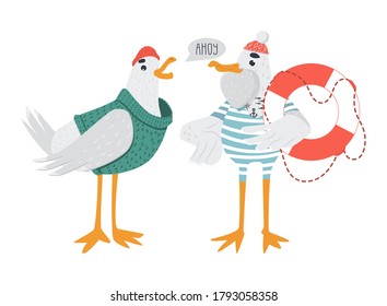 Vector sailor seagulls characters say AHOY. Funny hipster birds in striped t-shirts with lifebuoy. Isolated objects