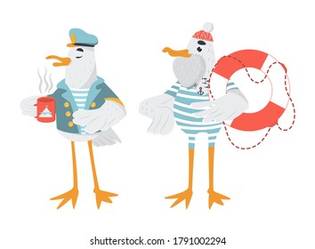 Vector sailor seagulls set. Captain bird in jacket drinks coffee. Seagull with the lifebuoy in stripped t-shirt and woolen hat. 