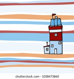 Vector Sailor Stripes Summer. Lighthouse. Coastal houses. Stripes hand painted for textile prints, backgrounds, textures, cards