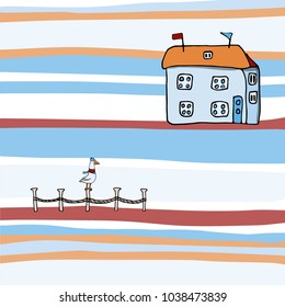 Vector Sailor Stripes Summer Pattern. Houses with orange roof. Coastal houses. Stripes hand painted for textile prints, backgrounds, textures, cards