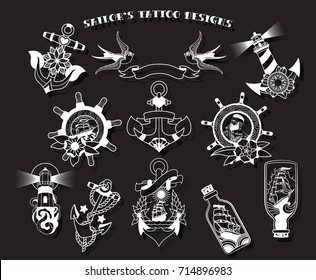 Vector Sailor's Tattoo Designs. Anchor, Lighthouse, Sailor, Ship in a bottle, Swallows