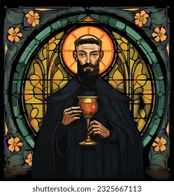 Vector of Saint Anthony Zaccaria holding a chalice, lily surround motif, stained glass
