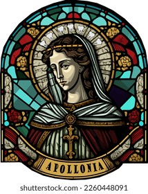 Vector of Saint Apollonia with teeth detail, stained glass window