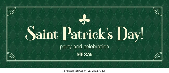 Vector Saint Patrick’s Day Banner mit grünem Hintergrund, Vintage-Typografie, Shamrock-Symbol und dünnem Rahmen. Festliches irisches Urlaubsdesign für Grüße, Poster und Promotionen.